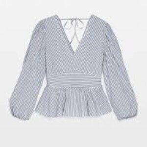 White House Black Market Demin Ecru Striped Cinched Blouson Top Size 8 NWT